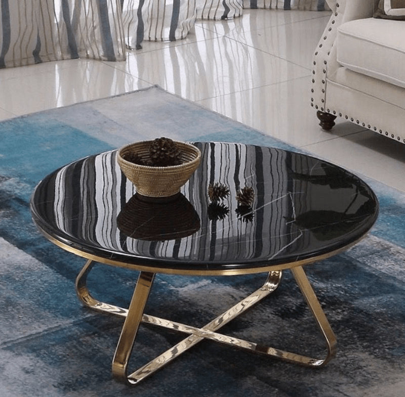 Modern Round Center Table with Black Marble Top and Gold Base
