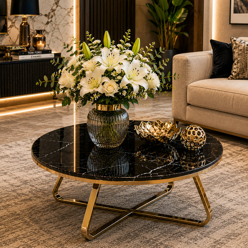 Modern Round Center Table with Black Marble Top and Gold Base