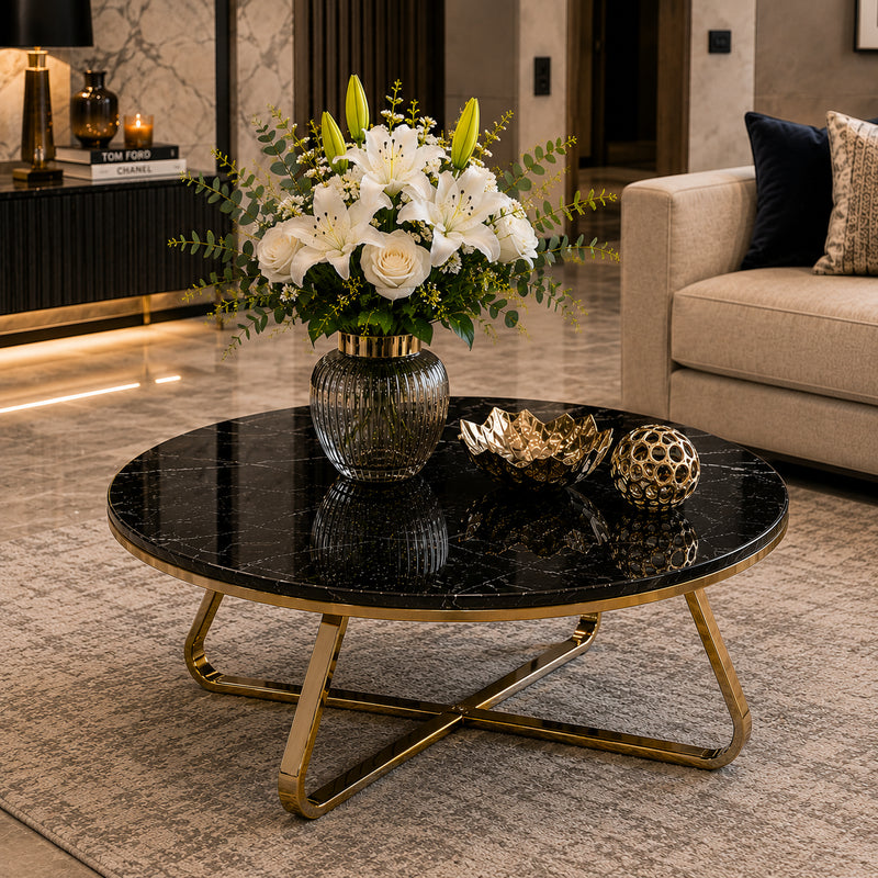 Modern Round Center Table with Black Marble Top and Gold Base