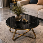 Modern Round Center Table with Black Marble Top and Gold Base