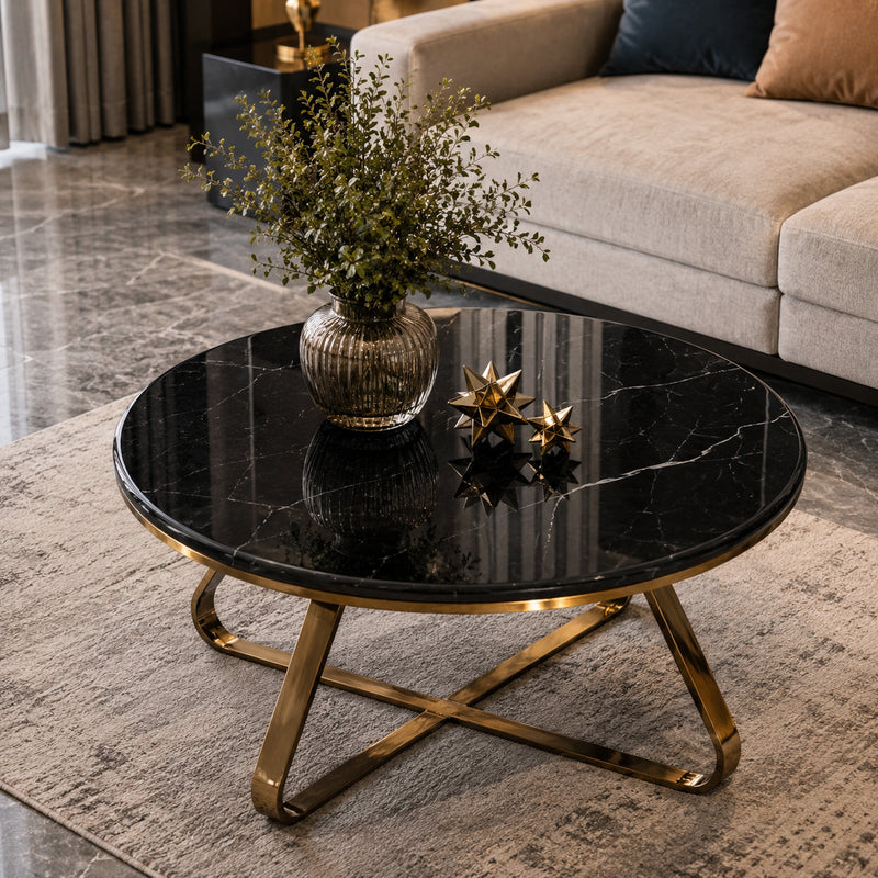Modern Round Center Table with Black Marble Top and Gold Base