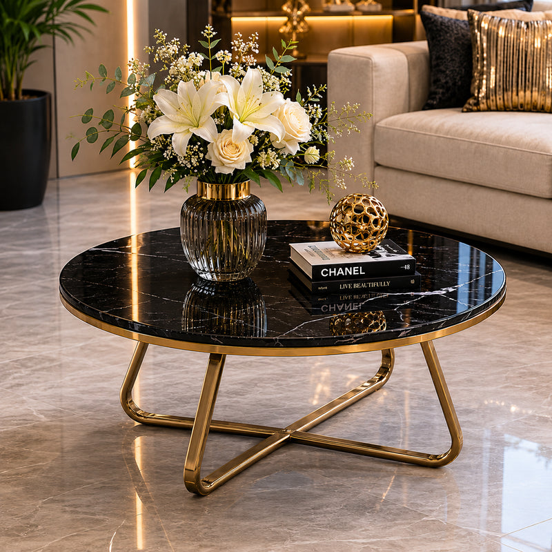Modern Round Center Table with Black Marble Top and Gold Base