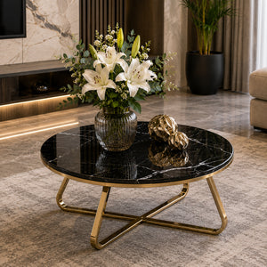 Modern Round Center Table with Black Marble Top and Gold Base