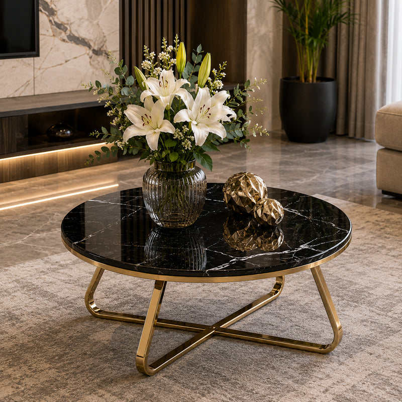 Modern Round Center Table with Black Marble Top and Gold Base