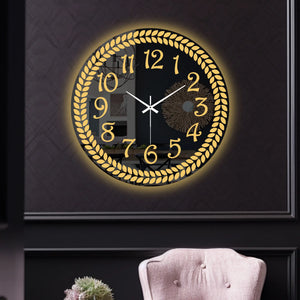 Modern Round LED Mirror Wall Clock with Golden Laurel Wreath Design
