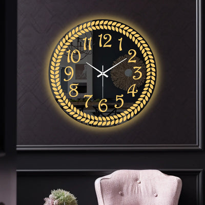 Modern Round LED Mirror Wall Clock with Golden Laurel Wreath Design