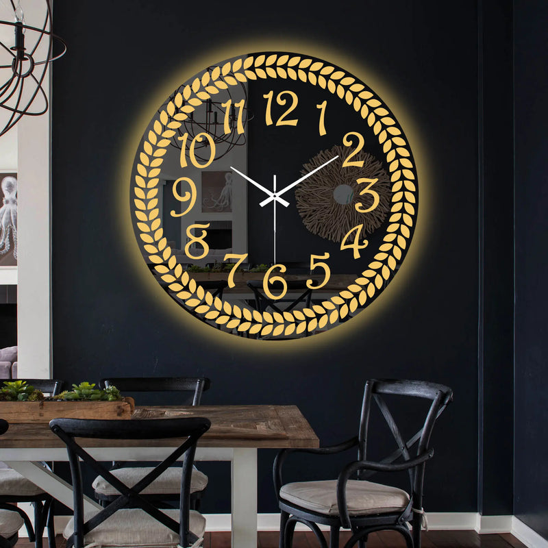 Modern Round LED Mirror Wall Clock with Golden Laurel Wreath Design
