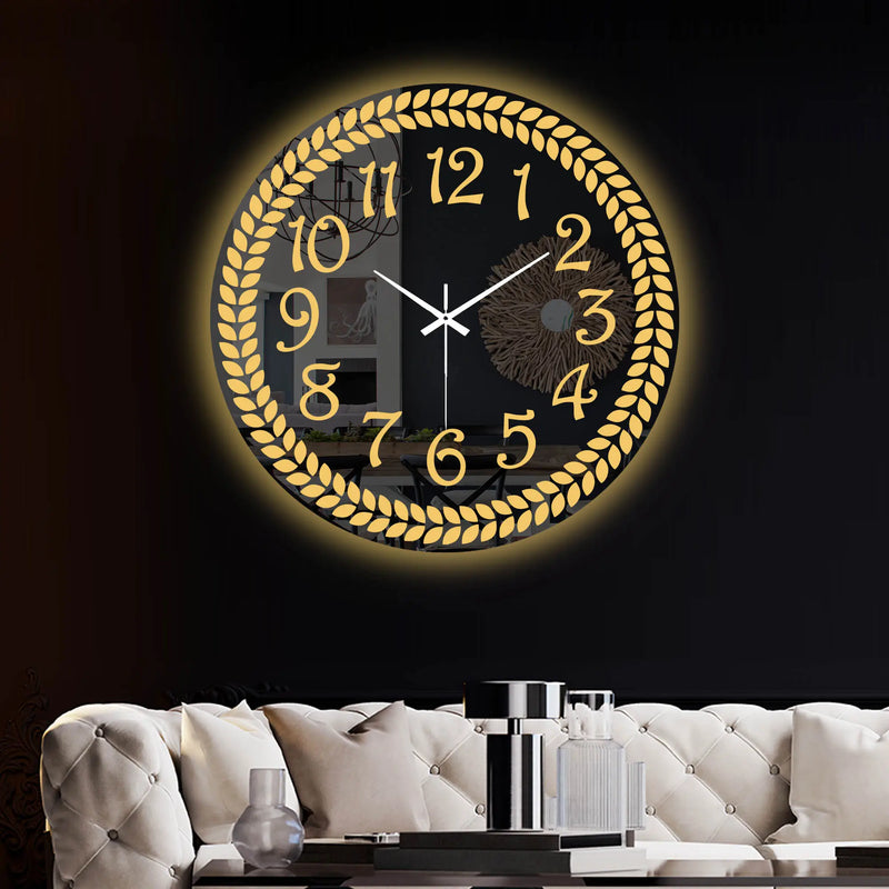 Modern Round LED Mirror Wall Clock with Golden Laurel Wreath Design