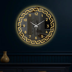 Modern Round LED Mirror Wall Clock with Golden Swirl Border