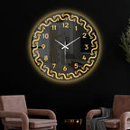 Modern Round LED Mirror Wall Clock with Golden Swirl Border