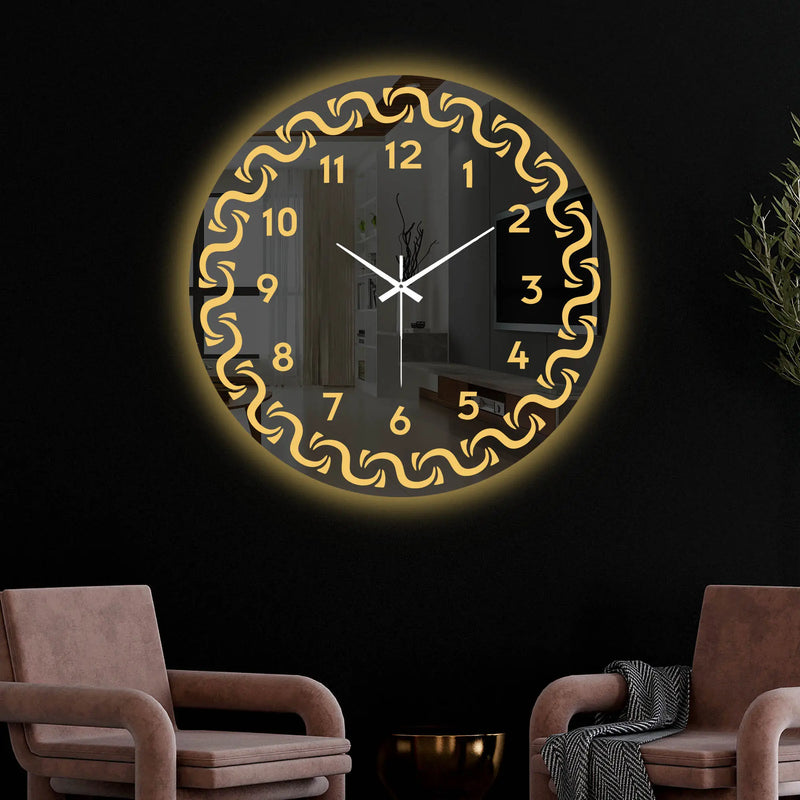 Modern Round LED Mirror Wall Clock with Golden Swirl Border