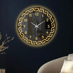 Modern Round LED Mirror Wall Clock with Golden Swirl Border
