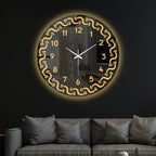 Modern Round LED Mirror Wall Clock with Golden Swirl Border