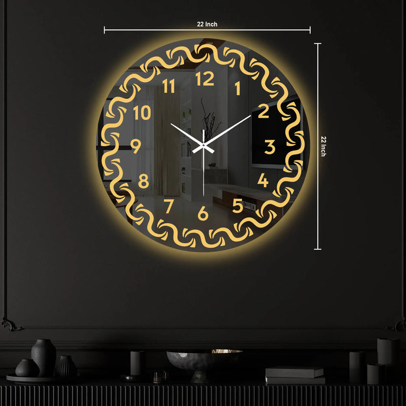 Modern Round LED Mirror Wall Clock with Golden Swirl Border
