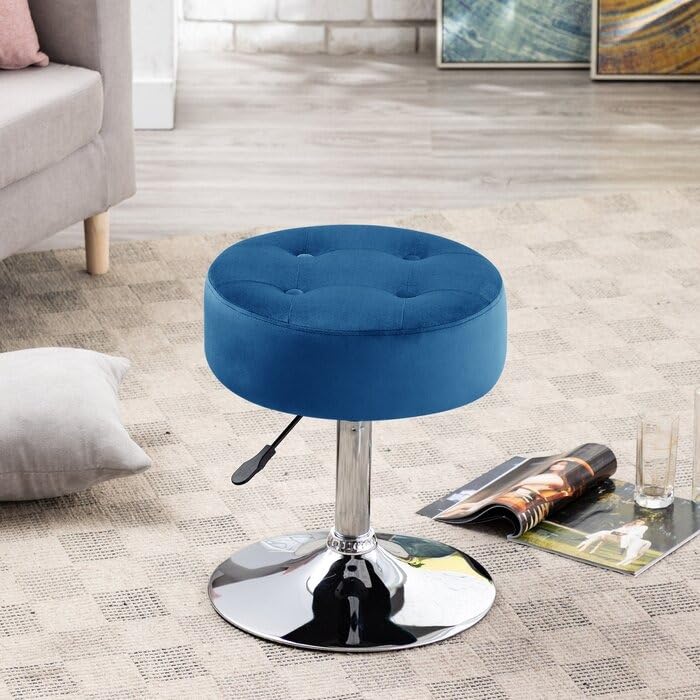 Modern Royal Blue Adjustable Vanity Stool with Tufted Cushion