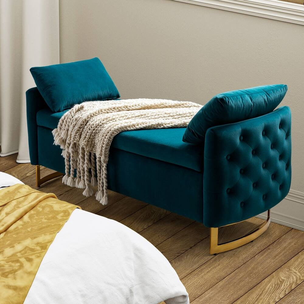Modern Royal Blue Upholstered Storage Bench with Gold Legs