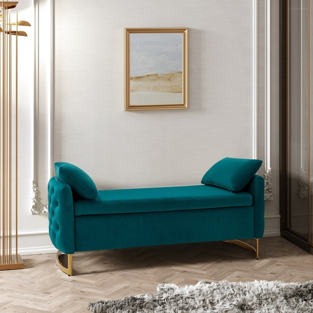 Modern Royal Blue Upholstered Storage Bench with Gold Legs