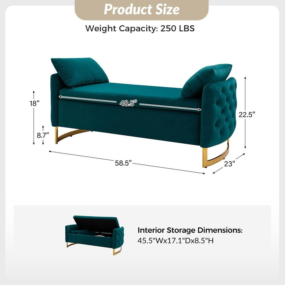 Modern Royal Blue Upholstered Storage Bench with Gold Legs