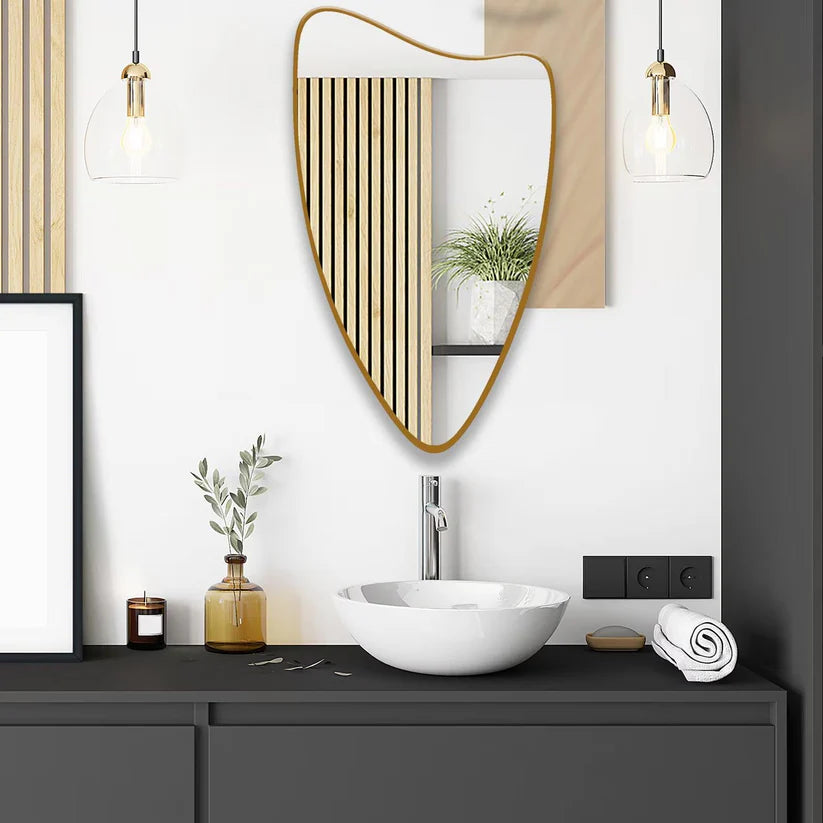 Modern Shield-Shaped Wall Mirror in Golden Frame