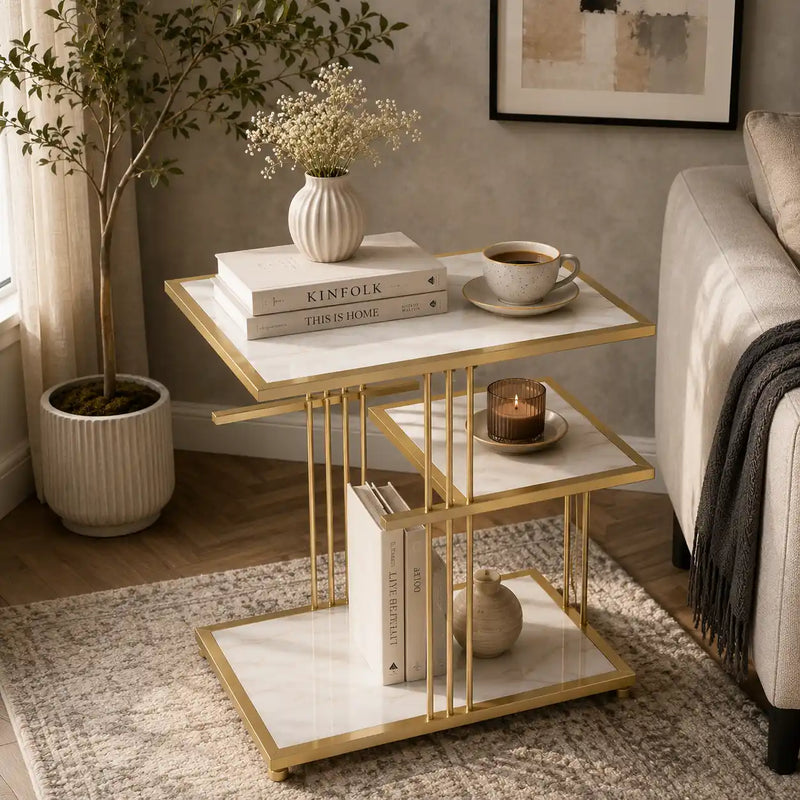Modern Side Table with Marble Texture for Couch & Bedroom