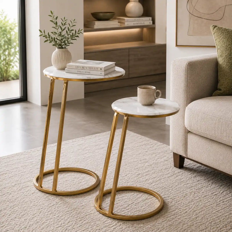 Modern Space Saving Marble Top Table Set of 2