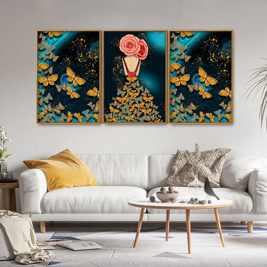 Modern Style Abstract Girl with Colorful Butterflies Floating Canvas Wall Painting Set of Three