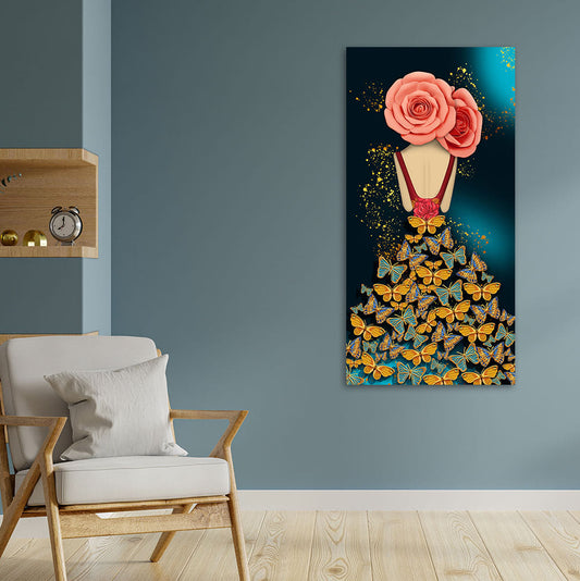 Modern Style Abstract Girl with Colorful Butterflies Premium Canvas Wall Painting