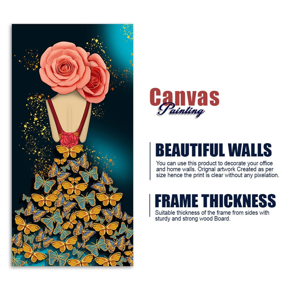 Modern Style Abstract Girl with Colorful Butterflies Premium Canvas Wall Painting