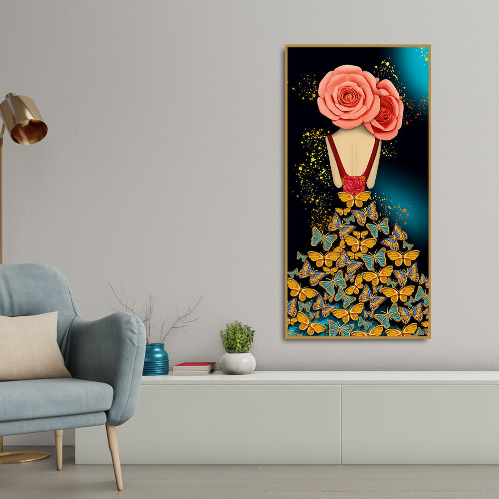 Modern Style Abstract Girl with Colorful Butterflies Premium Canvas Wall Painting