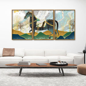 Modern Style Horse and Golden Colored Mountains Floating Canvas Wall Painting Set of Three