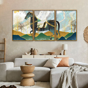 Modern Style Horse and Golden Colored Mountains Floating Canvas Wall Painting Set of Three