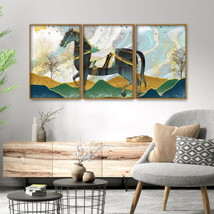 Modern Style Horse and Golden Colored Mountains Floating Canvas Wall Painting Set of Three