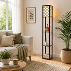 Modern Style Wooden Floor Lamp With Shelf For Living Room, Bedroom