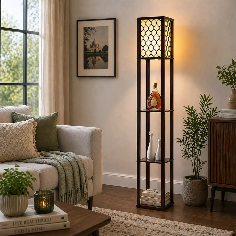 Modern Style Wooden Floor Lamp With Shelf For Living Room, Bedroom