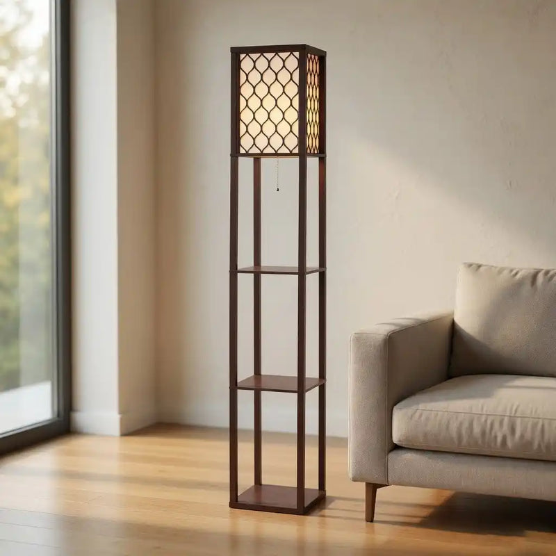 Modern Style Wooden Floor Lamp With Shelf For Living Room, Bedroom