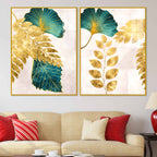 Modern Teal Blue and Gold Leaf Acrylic Floating Wall Painting Set of 2