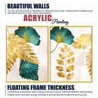 Modern Teal Blue and Gold Leaf Acrylic Floating Wall Painting Set of 2