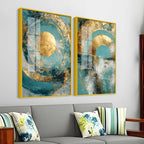 Modern Teal & Golden Geometric Abstract Acrylic Floating Wall Painting Set of 2