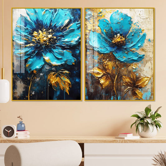 Modern Textural Blue Flower Artistic Acrylic Floating Wall Painting Set Of 2