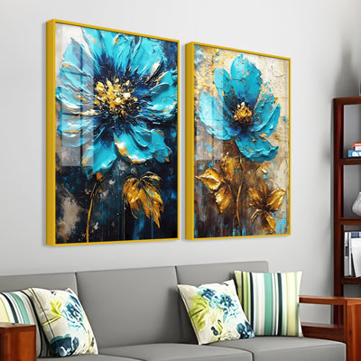 Modern Textural Blue Flower Artistic Acrylic Floating Wall Painting Set Of 2