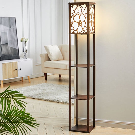 Modern Tower Lamp with Storage Shelves and Floral Shade