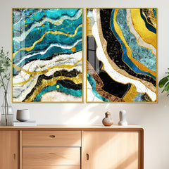 Modern Turquoise Blue Waves Artistic Art Acrylic Floating Wall Painting Set Of 2