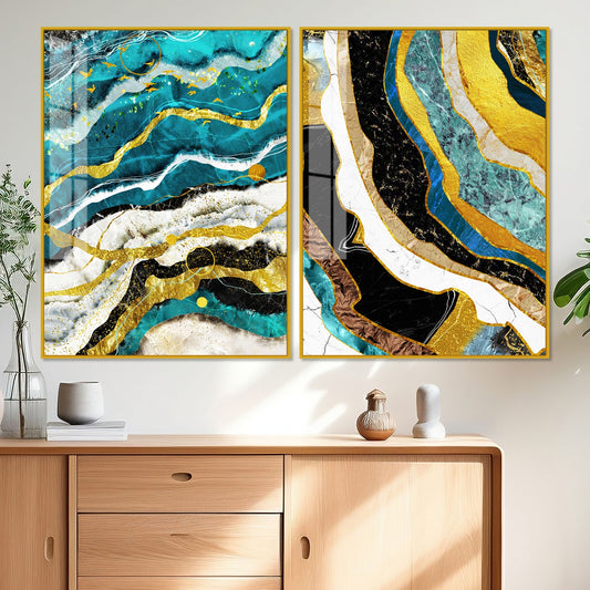 Modern Turquoise Blue Waves Artistic Art Acrylic Floating Wall Painting Set Of 2