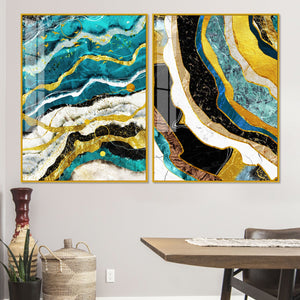 Modern Turquoise Blue Waves Artistic Art Acrylic Floating Wall Painting Set Of 2