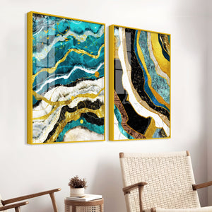 Modern Turquoise Blue Waves Artistic Art Acrylic Floating Wall Painting Set Of 2