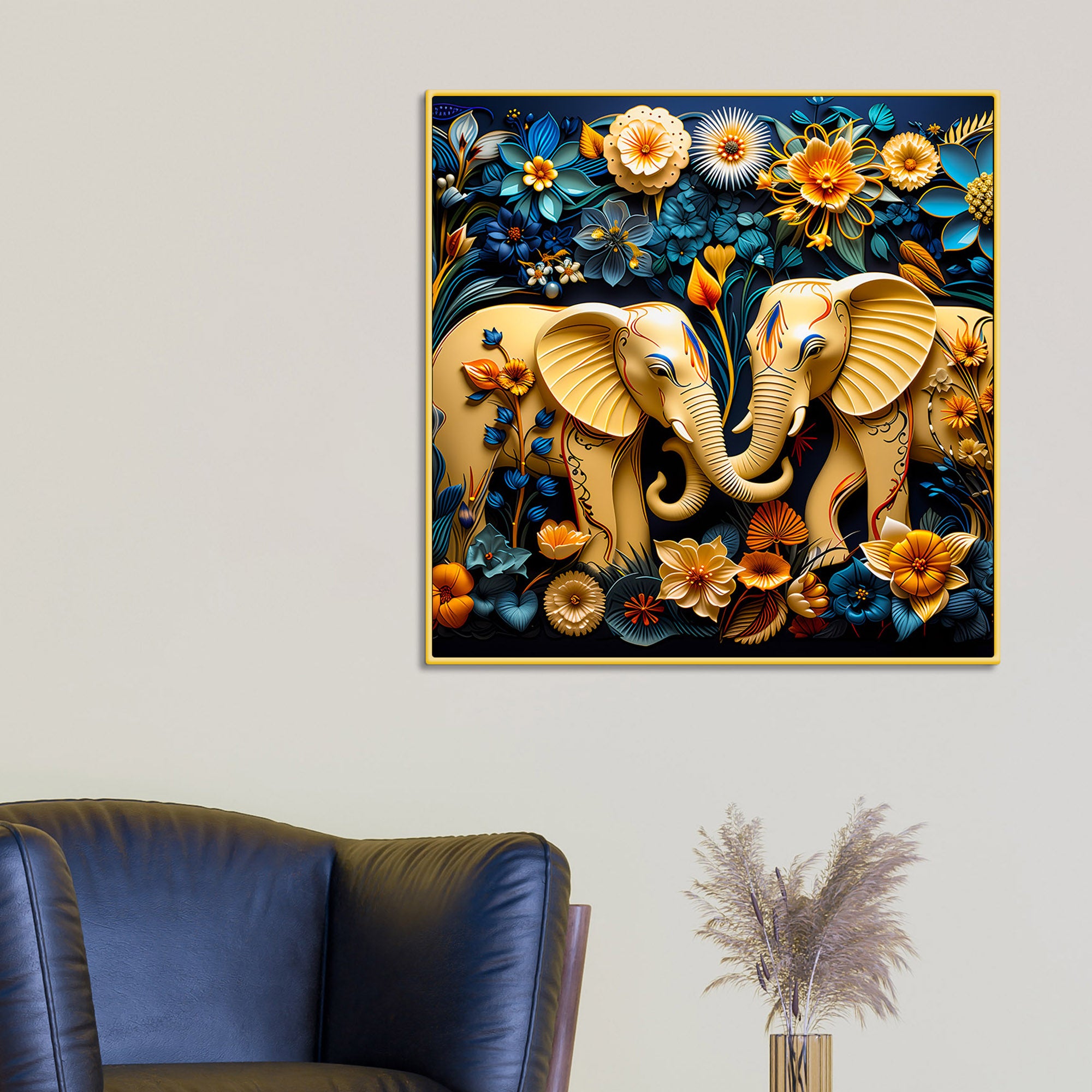 Modern Twin Elephant Canvas Painting with Floral Design