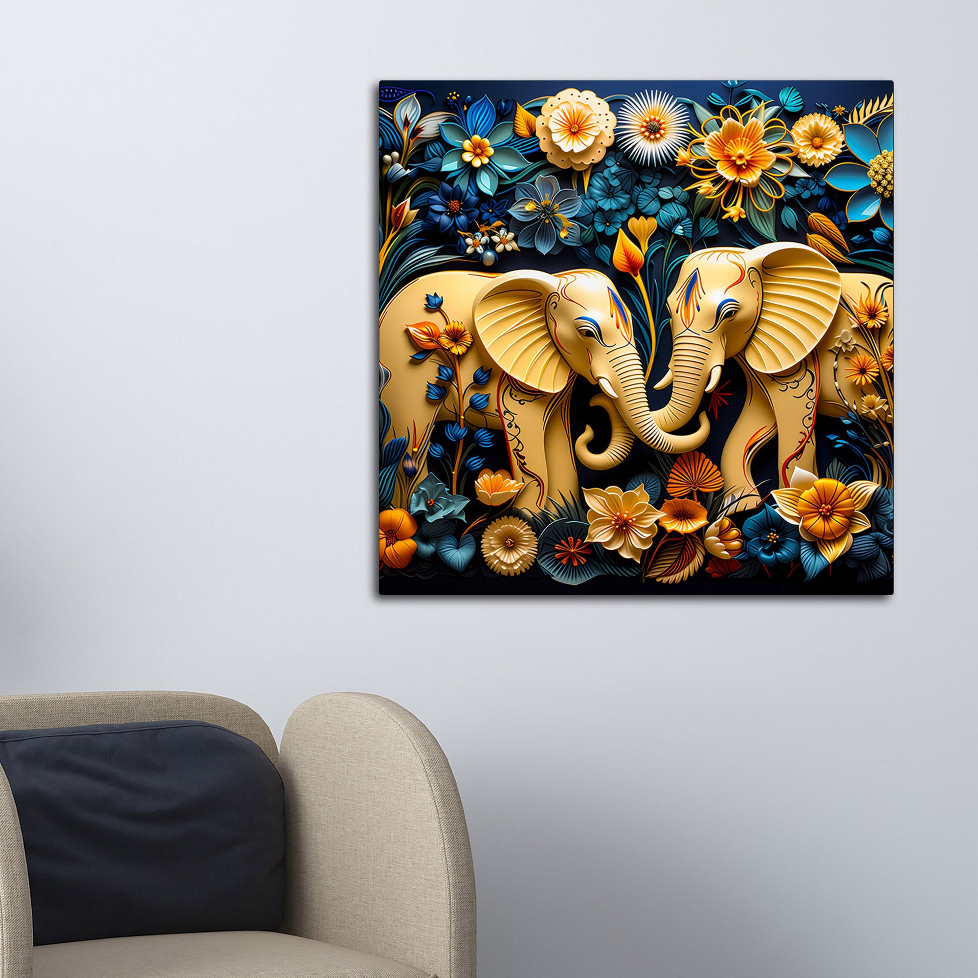 Modern Twin Elephant Canvas Painting with Floral Design