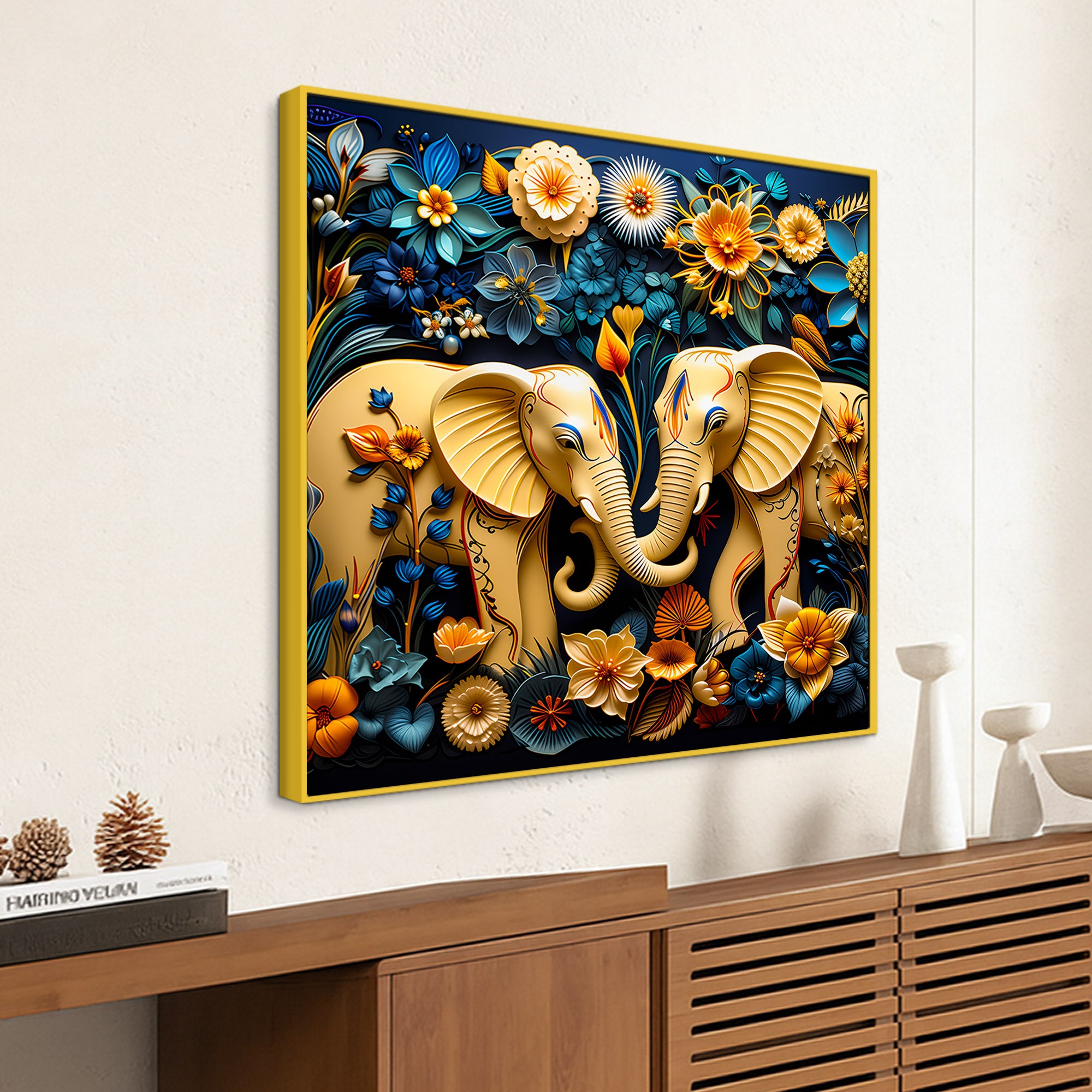 Modern Twin Elephant Canvas Painting with Floral Design