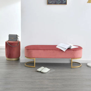 Modern Velvet Seating Bench in Blush Pink & Gold Finish