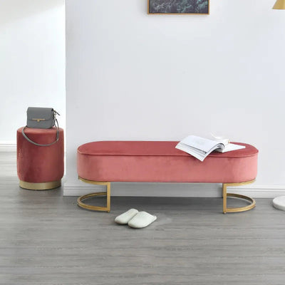 Modern Velvet Seating Bench in Blush Pink & Gold Finish